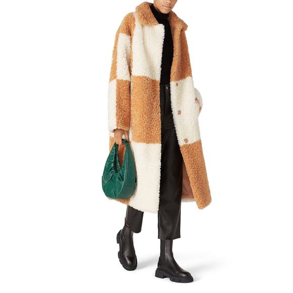 STAND STUDIO Brown White Checkered Pattern Faux Fur Oversized Nikki Coat Size 44 - Picture 3 of 16